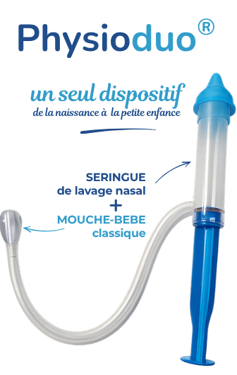 Physioduo® associant un mouche-bébé classique et une seringue de lavage nasal